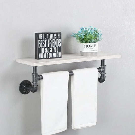 Industrial Pipe Shelving,Iron Pipe Shelves Industrial Bathroom Shelves with Towel bar,24in Rustic Metal Pipe Floating Shelves Pipe Wall Shelf,1 Tier Industrial Shelf Wall Mounted,Retro White