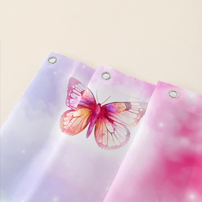 AILONEN Butterflies Shower Curtain Set, Colourful Butterfly Washable Fabric Shower Curtain for Girls,Shining Stars Waterproof Shower Curtain for Pink Lover,48" W*72" H