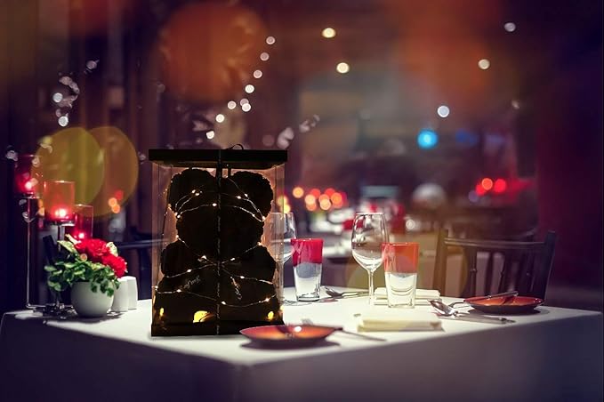 RECUTMS Rose Teddy Bear, 10 inch Artificial Flower Bears with Lights,Lighted Up Roses Gifts for Valentines Day Mothers Day Wedding Anniversary Birthday Halloween Home Bedroom Decoration(A-Black