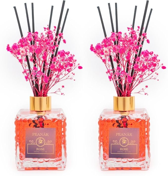 PEANÄK Reed Diffuser Set - Rose Honey Fragrance 6.7oz (200 ml) - Set of 2 Real Preserved Flowers & 6 Reed Sticks for Home & Office Bathroom Shelf Décor with Long Lasting Gift Scents