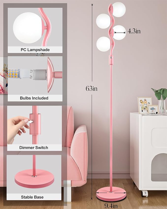 60IN Dimmable (Brightness Adjustable) Pink Pole Floor Lamp, Modern Standing Lamps with 4 Globe Soft Warm White 3000K Bulbs, Mid Century Floor Lamp for Living Room Bedroom Home Decor