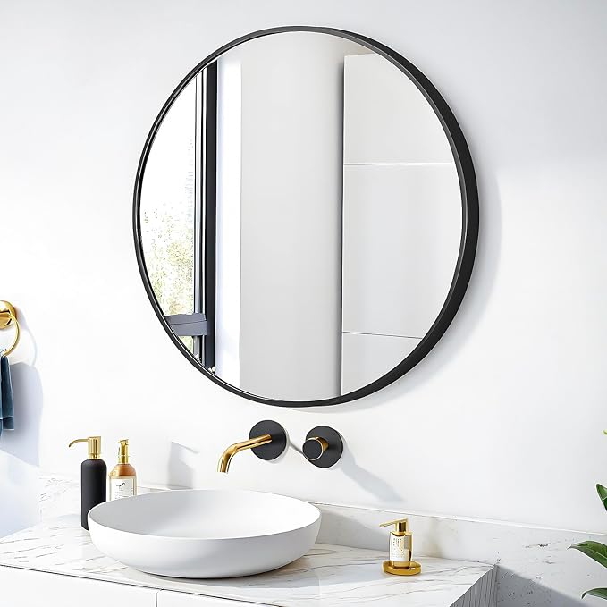 24" Round Mirror Circle Wall Mounted Hanging or Against Wall Metal Frame Dressing Make-up Mirrors for Entryway Bedroom Bathroom Living Room 24 inch Black