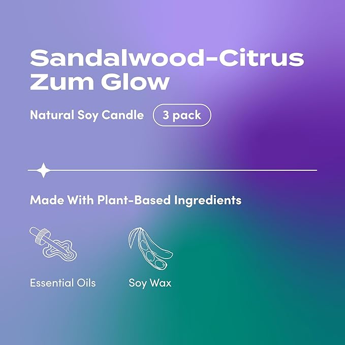 Indigo Wild Zum Glow Sandalwood-Citrus Candle - Soy Wax Candle with Lead-Free Wick - Relaxing Candles Scented with Essential Oils - Long-Lasting Scented Candles - 30-Hour Burn Time - 7 oz (3 Pack)