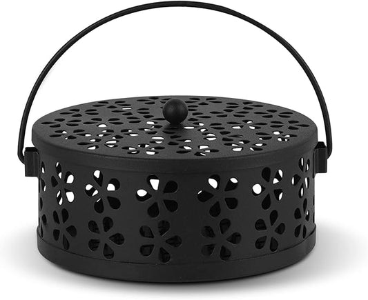 Portable Iron Mosquito Coil Holder with Handle Round Heat-Resistant Incense Holder for Home Office Camping (Black, 1Pack)