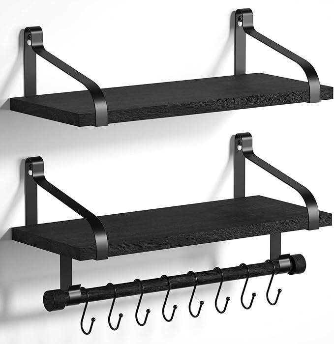 Love-KANKEI Floating Shelves for Coffee Bar,Bathroom Shelves with Towel Bar, Wall Shelves with 8 Hooks for Kitchen, Storage Shelf Set of 2 for Bedroom,Living Room，17.3 Inch Black