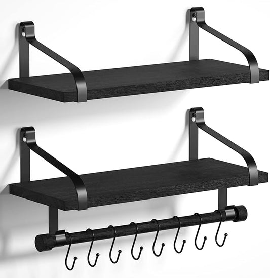 Love-KANKEI Floating Shelves for Coffee Bar,Bathroom Shelves with Towel Bar, Wall Shelves with 8 Hooks for Kitchen, Storage Shelf Set of 2 for Bedroom,Living Room，17.3 Inch Black