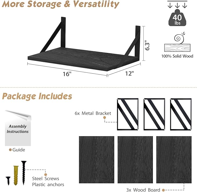 Forbena Deep Floating Shelves for Wall Set of 3, 12 Inch Deep Wall Shelves for Bedroom Office Bathroom Towels, Large Storage Shelves for Closet Clothes Living Room TV Kitchen Corner Legos Cats (Black)