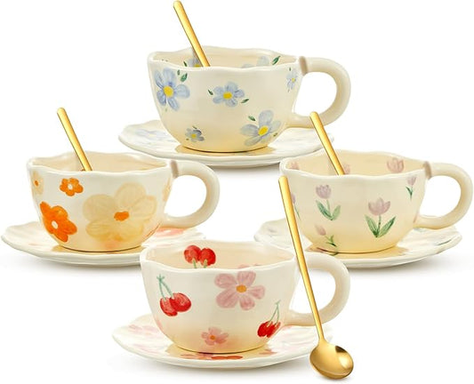 Vesici 4 Pcs Ceramic Coffee Mug with Saucer Spoon 8.5 oz Flower Cup with Handles Floral Aesthetic Vintage Porcelain Cute Mug Set for Tea Latte Milk Office Home, Dishwasher and Microwave Safe, 4 Styles