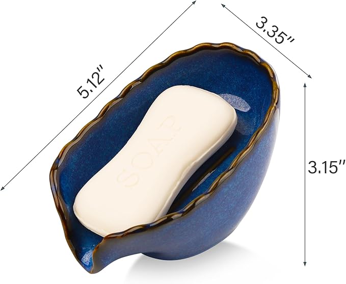 VanEnjoy Dish Washing Soap Holder Blue Ceramic Dish for Soap, Self Draining Soap Holder, Bar Soap Holder Leaf Shape for Bathroom, Kitchen
