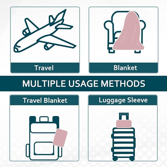 Vessia Travel Blanket for Airplane, Train and Car, Warm and Soft Travel Blanket and Pillow 2 in 1 for Adults and Kids, Portable Compact Long Flight Blanket with Luggage Sleeve, Backpack Clip(Pink)