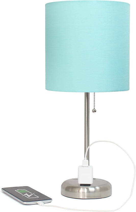 Simple Designs LT1144-AQU Sleek and Slender Brushed Steel Table Lamp with Charging Outlet, for Bedroom, Living Room, Entryway, Office, Dining Room, Study, Aqua Shade