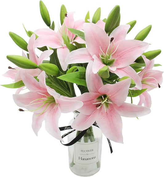 Hananona 8 Pcs Artificial Tiger Lily Real Touch Fake Easter Lily Flowers for Wedding Home Party Easter Decoration Plastic Lily Faux Flowers (Light Pink, 8)