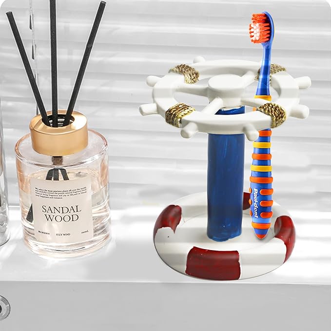 Toothbrush Holder Stand for Bathroom Vanity, Pen Storage for Desktop, Nautical Boat Ship Steering Wheel Decor