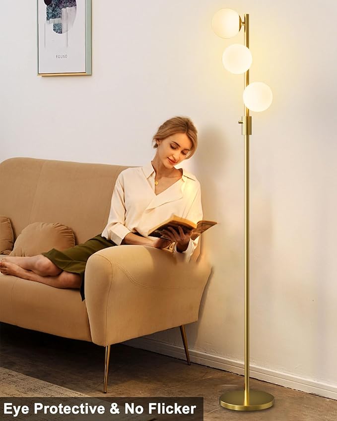 64IN Dimmable Gold Floor Lamp, Tall Standing Lamps with 3 Globe Soft Warm White Eye Care 3000K G9 Bulbs, Mid Century Modern Floor Lamp for Bedroom Office