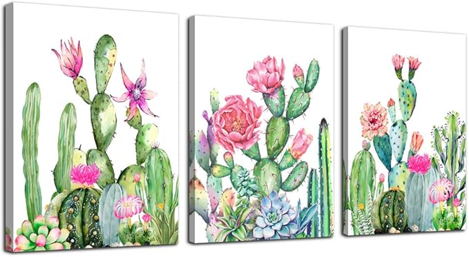 Canvas Wall Art for living room bathroom Wall Decor for bedroom kitchen artwork Canvas Prints green cactus flowers painting 12" x 16" 3 Pieces Modern framed office Home decorations family picture