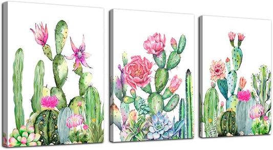 Canvas Wall Art for living room bathroom Wall Decor for bedroom kitchen artwork Canvas Prints green cactus flowers painting 12" x 16" 3 Pieces Modern framed office Home decorations family picture