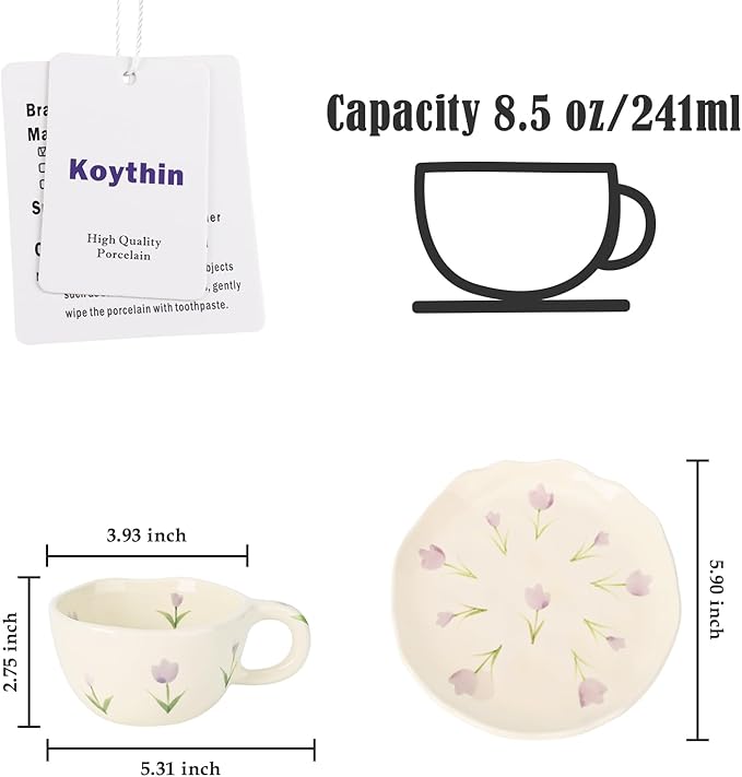 Koythin Ceramic Coffee Mug with Saucers, Handmade Flowers Mugs, Cute Cup for Girl Women, Aesthetic Tea Milk Cup with Handle, 8.5 oz/250 ml for Latte, Cocoa, Office, Home (Purple Tulip)
