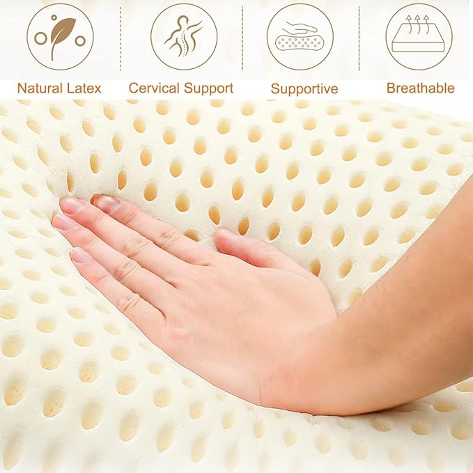 Royalisneeo 100% Talalay Natural Latex Pillow, Medium Support Bed Pillow Helps Relieve Pressure,Perfect Package Best Gift with Removable Cotton Cover for Back, Stomach and Side Sleepers