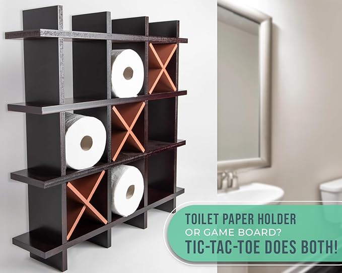 Rustic Tic-Tac-Toe Toilet Paper Holder for Bathroom – Rustic Storage Shelves for Toilet Tissue in Distressed White Color – Freestanding or Wall Mount Bath Shelves for Your Farmhouse Decor