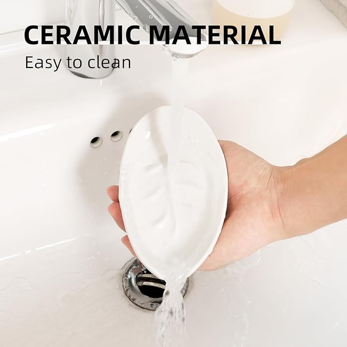 Soap Holder, Self Draining Soap Dishes 2PCS, Leaf Shape Ceramic Bar Soap Holder Drain Soap Dishes for Bathroom Sink Kitchen, Easy to Clean Keeps Soap Dry, White, ANTIS'S HOME