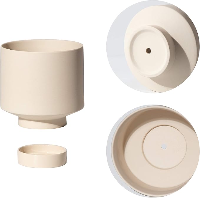 UBEE 2 Ceramic Pots for Indoor Plants Set, 5.43 Inch + 4.61 Inch Plant Pots with Drainage Holes and Saucers, Ceramic Succulents Planter Pot Flower Pot with Saucer, Beige