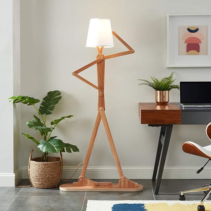 Cool Tall Floor Lamp for Living Room Bedroom Farmhouse - Corner Decorative Reading Standing Light Wood Creative Swing Arm Arc Design Gift for Kids/Boys/Girls Bedside - with LED Bulb (Ash)