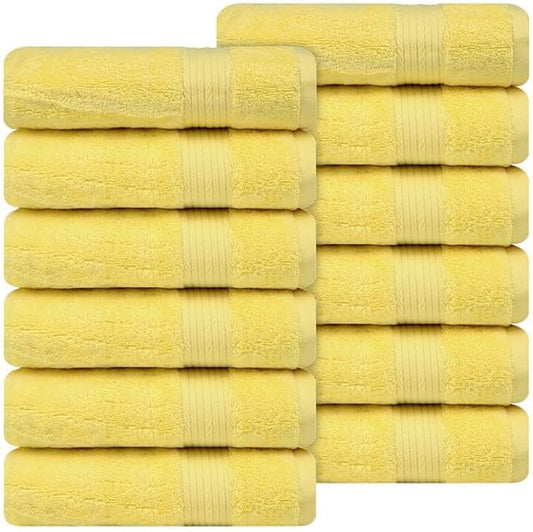 Ample Decor Hand Towel 18 X 28 Inch Pack of 12 600 GSM 100% Cotton, Oeko Tex Certified Soft Absorbent Thick Durable Premium Quality, for Hotel, Bathroom, Spa, Gym - Machine Washable - Yellow