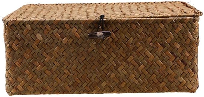 Wicker Storage Basket with Lid, Seagrass Storage Bins with Lids, Rectangular Handwoven Shelf Baskets with Lid for Home Organizer, Rattan Decorative Box for Clothes, Groceries, Snacks (L)