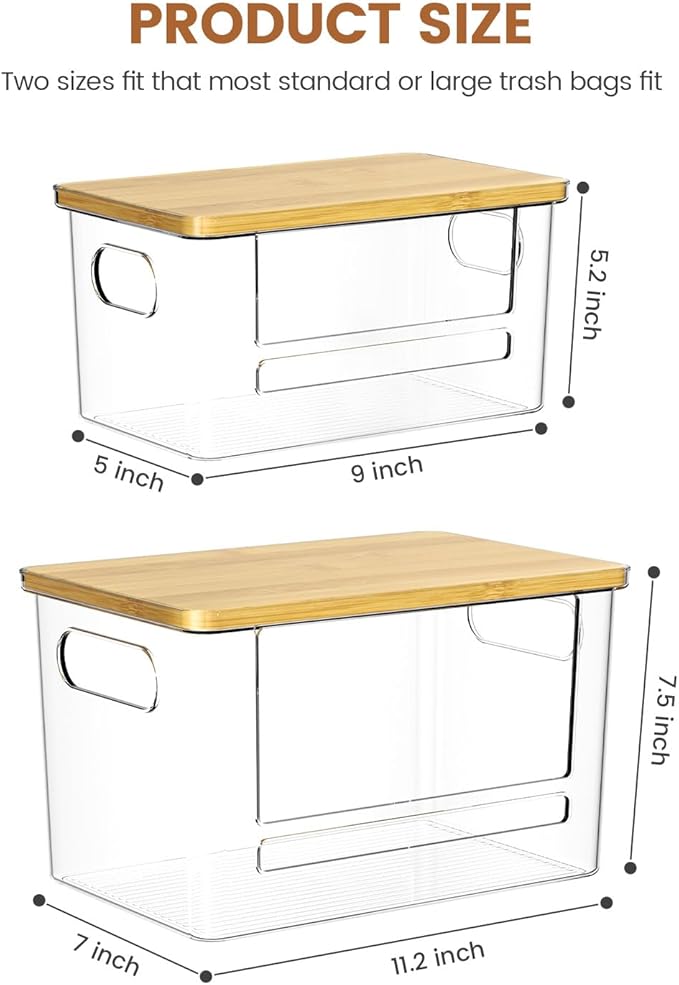 Trash Bag Dispenser 2-Pack, Stackable Trash Bag Holder with Bamboo Lid – Clear Plastic Garbage Bag Organizer for 4-33 Gal Bags, Space-Saving Under Sink Organizer for Kitchen, Laundry, Pantry