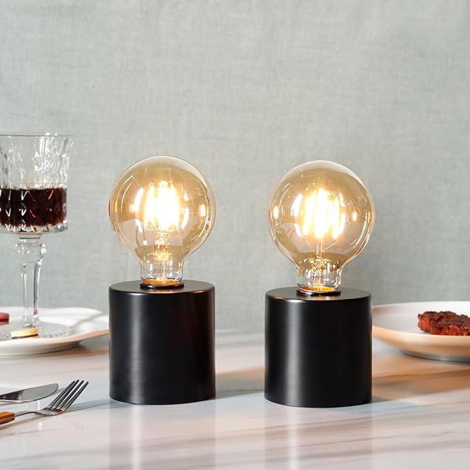 JHY DESIGN Set of 2 Black Table Lamp Battery Powered 7" Tall Cordless Lamp Light with Edison Style Bulb Battery Operated Great for Living Room Bedroom Weddings Parties Indoors Outdoors
