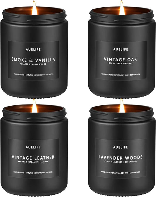 Scented Candles Set | Men Candle Set, Scented Candles for Home, Gifts for Men Aromatherapy Gift Set - 4 Pack Manly Gifts for Dad Fathers Day, Soy Candle of Leather/Smoke & Vanilla/Oak/Lavender
