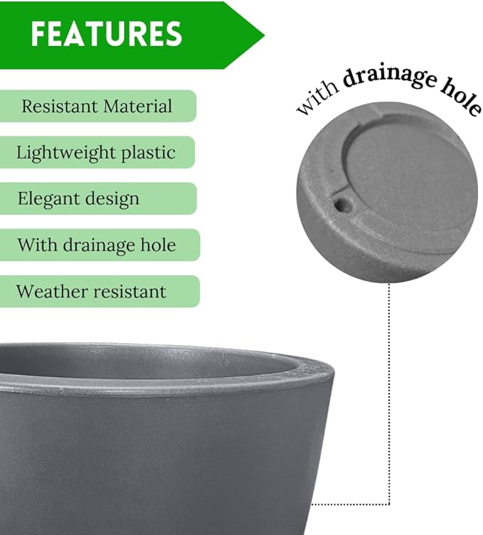 Elly Décor 17 inch Planter for Garden with Drainage, Large Round, Lightweight & Extremely Durable, Deck Indoor/Outdoor Plastic Pot, 17"x15"x9", Light Grey