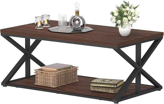 Coffee Table with Storage, Modern Living Room Table, Minimalist Rectangle Center Table, Industrial Vintage Wood Tea Tables, 39 Inch, Walnut