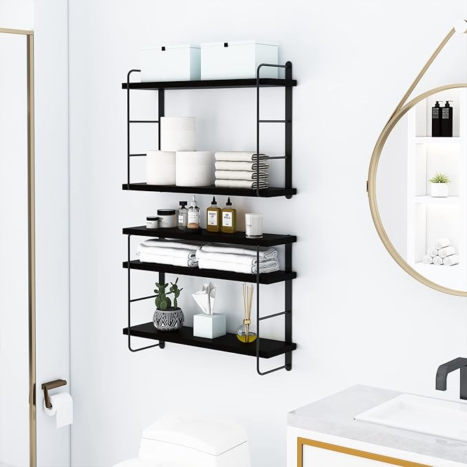 Wall Mounted Floating Shelves, Wall Shelves, Rustic Wall Decor Wood Shelves for Bedroom, Living Room, Bathroom and Kitchen Storage, Easy Installation (5, Black)