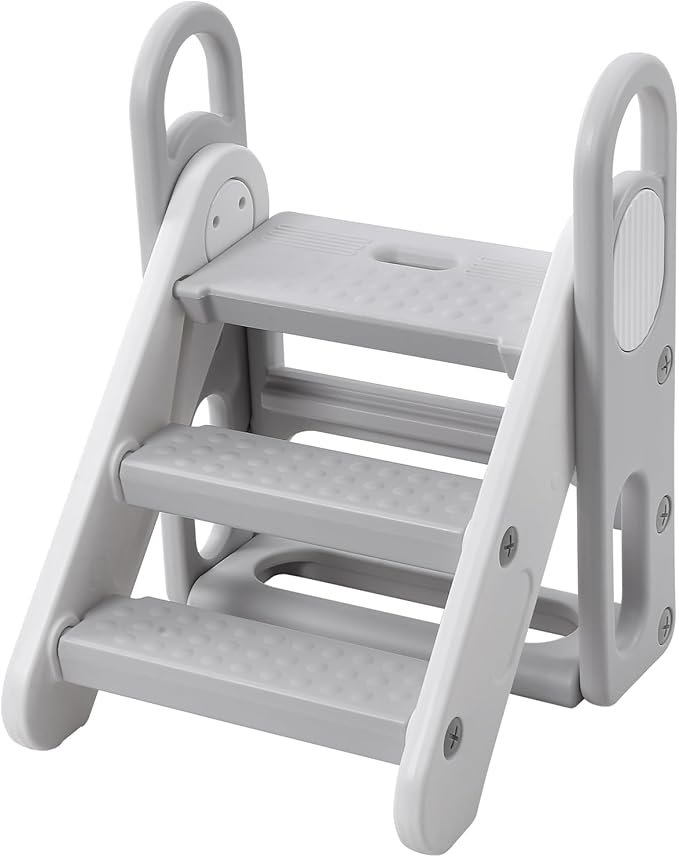 Foldable Toddler Step Stool for Bathroom Sink, Adjustable 3 Steps Ladder for Toddlers with Handles, Folding Nursery Step Stool for Kids Toilet Potty Training, Kitchen Counter Standing Helper, Grey