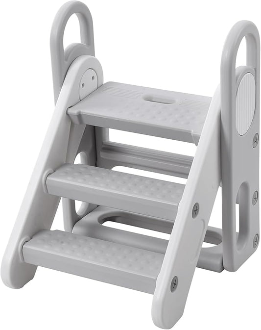 Foldable Toddler Step Stool for Bathroom Sink, Adjustable 3 Steps Ladder for Toddlers with Handles, Folding Nursery Step Stool for Kids Toilet Potty Training, Kitchen Counter Standing Helper, Grey