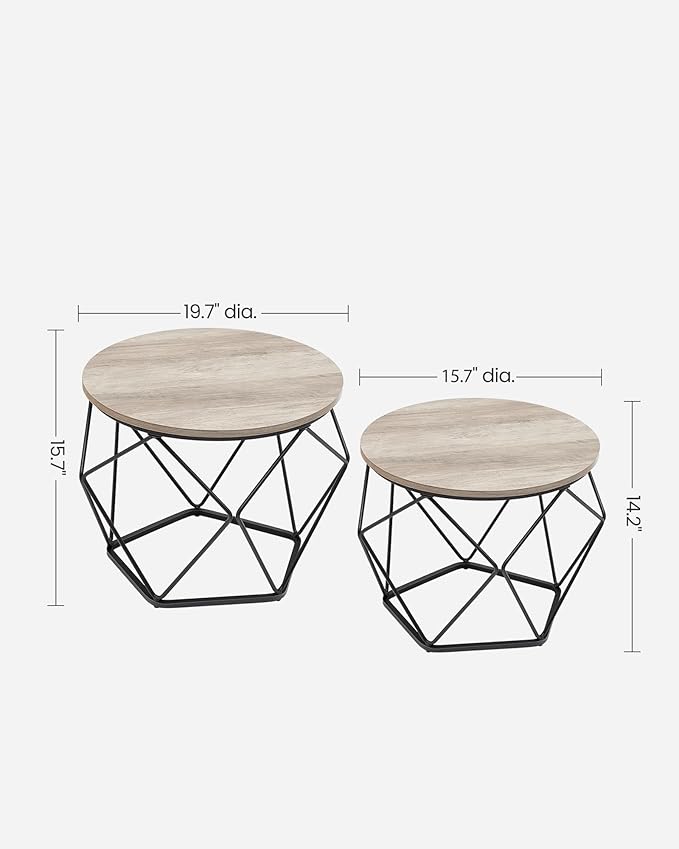 VASAGLE Small Coffee Table Set of 2, Round Coffee Table with Steel Frame, Side End Table for Living Room, Bedroom, Office, Greige and Ink Black