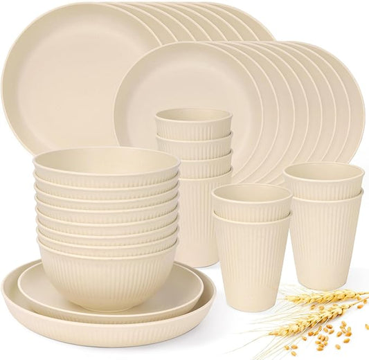 Lzerking Wheat Straw Dinnerware Sets for 8, 32-Piece Plates and Bowls Sets for Kitchen, Reusable Unbreakable Dinnerware Set for Camping, RV, Picnic