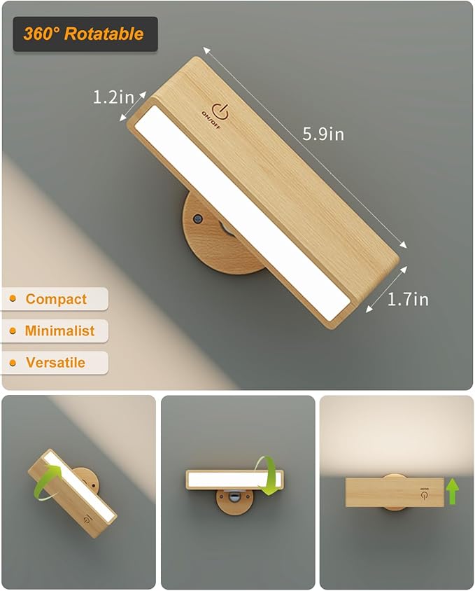 Wall Lights Battery Operated Wooden,Magnetic Wall Sconces Rechargeable,Adhesive Wall Lights for Bedroom,Dimmable Wall Mounted Bedside Lamp,Cordless Battery Wall Sconce for Bedroom Reading