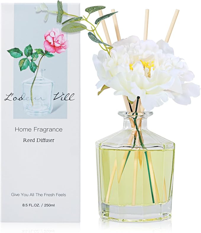 L'odeur Vill Reed Diffuser, 8.5 Oz(250ml)Jasmine & White Tea Bathroom Diffuser with 10 Sticks, Scented Diffuser Home Fragrance Essential Oil Reed Diffuser Set for Home Large Rooms Bathroom Shelf Decor