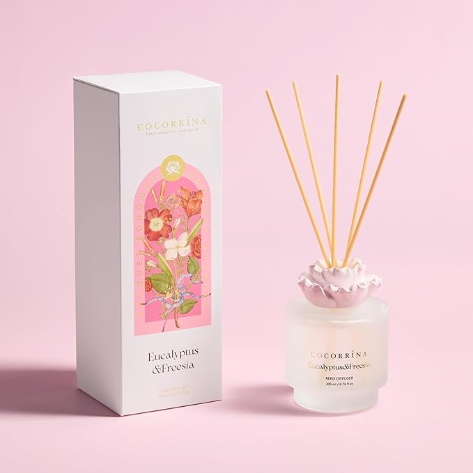 Cocorrina Gypsum Flower Reed Diffuser Set for Bathroom Décor – Eucalyptus & Freesia Scent, 6.76 oz with Sticks & Oil – Home Fragrance for Bathroom & Living Space