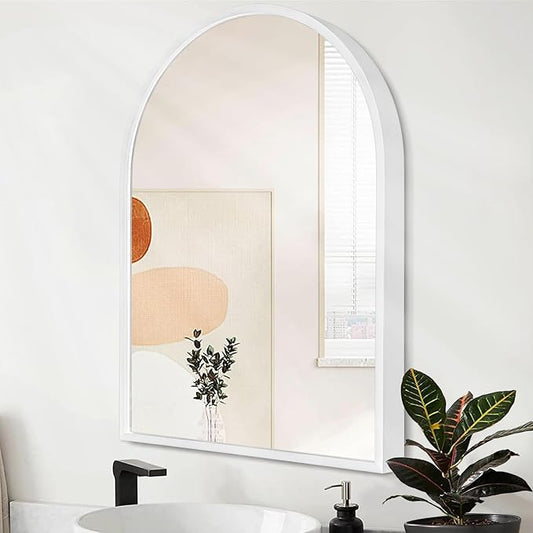 Arched Wall Mirror Aluminum Alloy Frame Bathroom Mirror Brushed Metal Vanity Wall Mounted Mirror for LivingRoom Bedroom Entryway Room Home Decor White 16"x12"