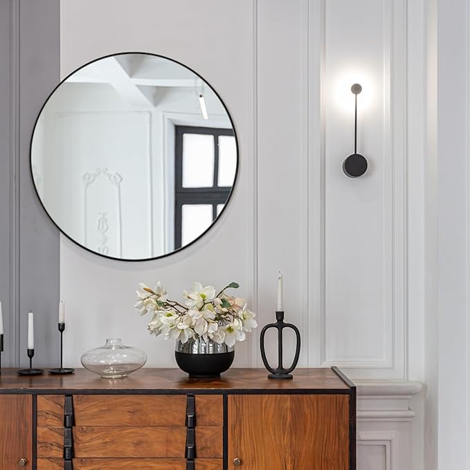 ANDY STAR Round Wall Mirror for Bathroom, 30 Inch Black Circle Mirror Modern Premium Stainless Steel Metal Frame Wall Mounted for Bathroom, Entryway, Vanity, Living Room, Bedroom