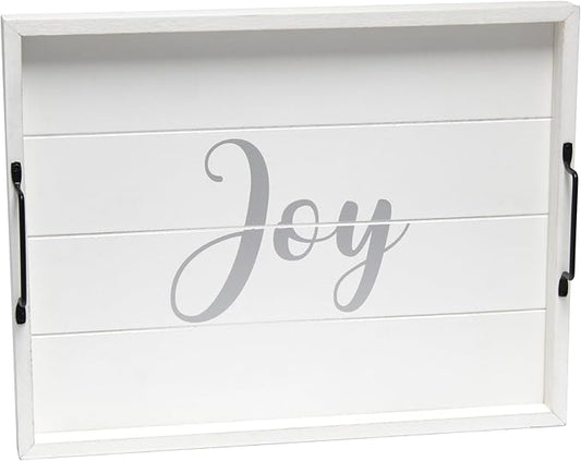 Elegant Designs, 15.50" x 12", Decorative Wood Serving Tray w/Handles, White Wash Joy (HG2000-WJY)