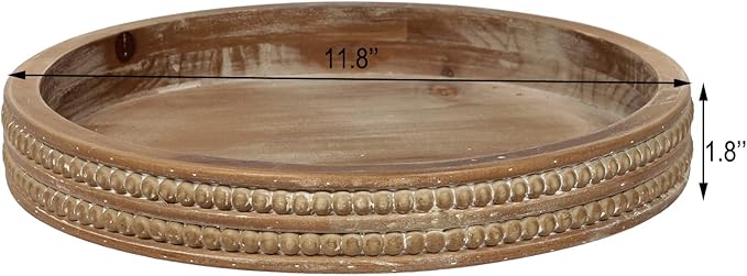 Carah & Cossh 12'' Round Wooden Tray, Whitewashed Round Decorative Wood Tray, Round Farmhouse Rustic Decorative Tray, Perfect for Storage and Display (Rustic Brown)