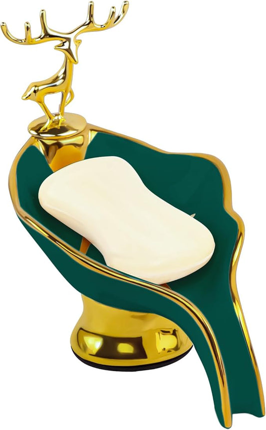 Leaf Shape Ceramic Soap Dishes - Self Draining Soap Dish for Shower, Bathroom Sink, Bathtub, Kitchen Counter (Green)