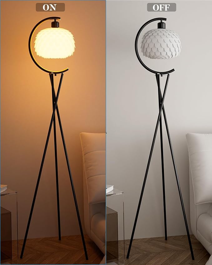 Modern Floor Lamp with Arc Imitation Feather Lampshade, Black Metal Standing Lamp with Bulb Included, Vintage Tall Reading Light for Living Room, Bedroom,Home Office