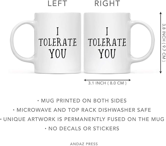 Andaz Press Valentine’s Day Funny 11oz. His Her Couples Coffee Mug Gift, I Tolerate You, 1-Pack, Gift Box