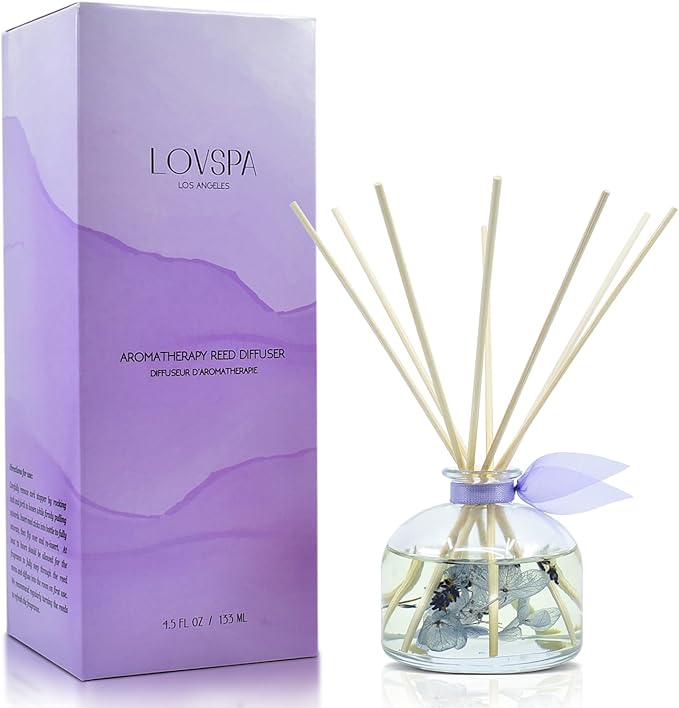LOVSPA Calm Spanish Blue Lavender Reed Diffuser Set - Lavender, Clary Sage & Violet Leaf Essential Oils - Relaxing, Calming Gift Idea