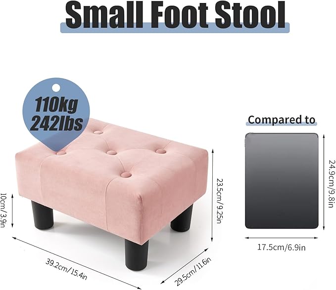 BRIAN & DANY Small Foot Stool, Velvet Foot Stools with Legs, Stable Small Footstool for Living Room, Pink